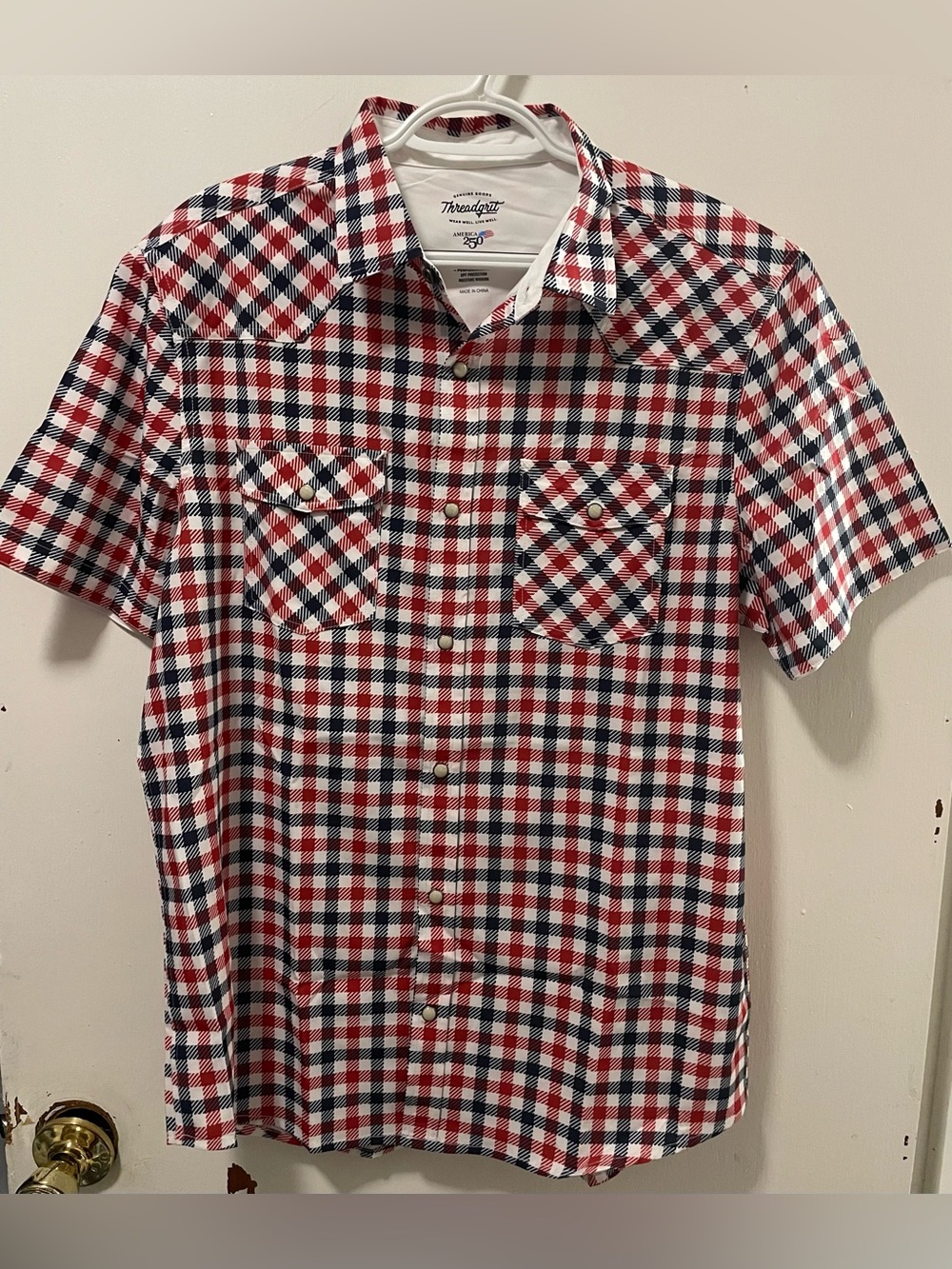 Threadgrit Men Red Navy White Short Sleeve Plaid Button Up Western Shirt Medium